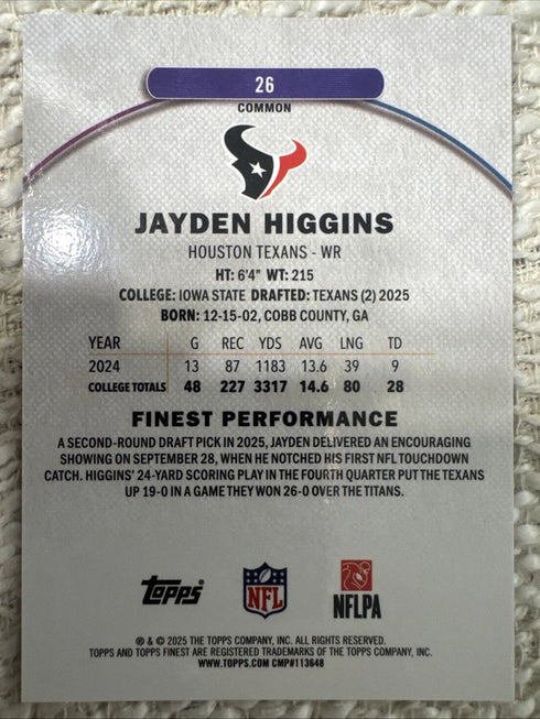 2025 Topps Finest Jayden Higgins Rookie Sky Blue Refractor /325 #26 Texans