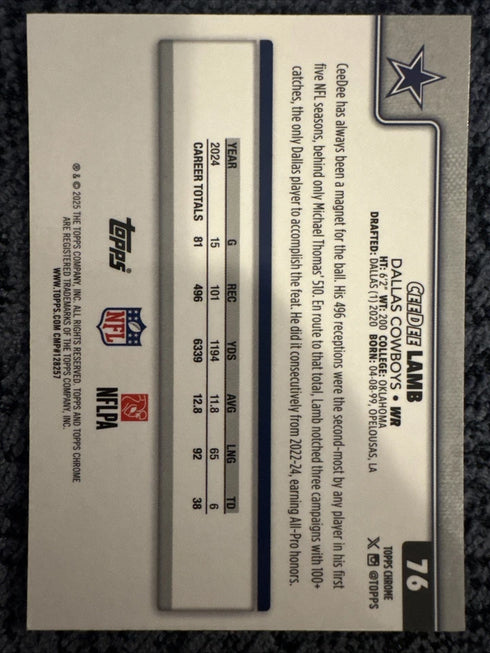 Topps 2025 Chrome Sapphire Football - CeeDee Lamb Dallas Cowboys #76