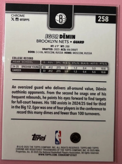 Topps Chrome Egor Demin Rookie Red White Blue #258 Brooklyn Nets Basketball