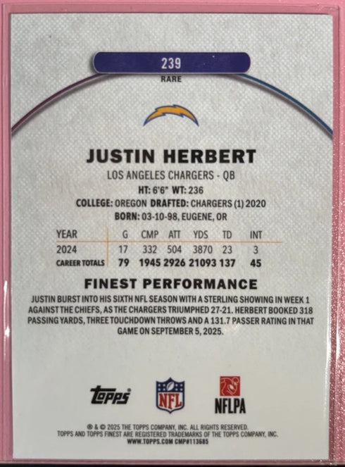 2025 Topps Finest Justin Herbert #239 Rare Base Los Angela's Chargers