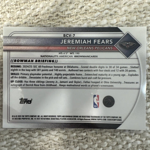 2025-26 Topps Bowman Chrome Jeremiah Fears #BCV-7 RC Purple Reptilian /199