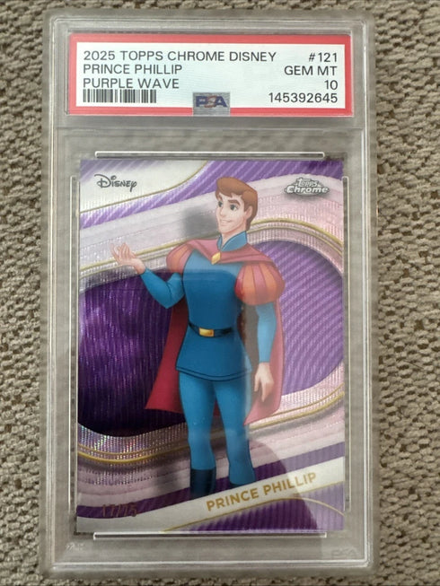Prince Phillip 2025 Topps Chrome Disney Purple Wave Card #121 /75 PSA 10