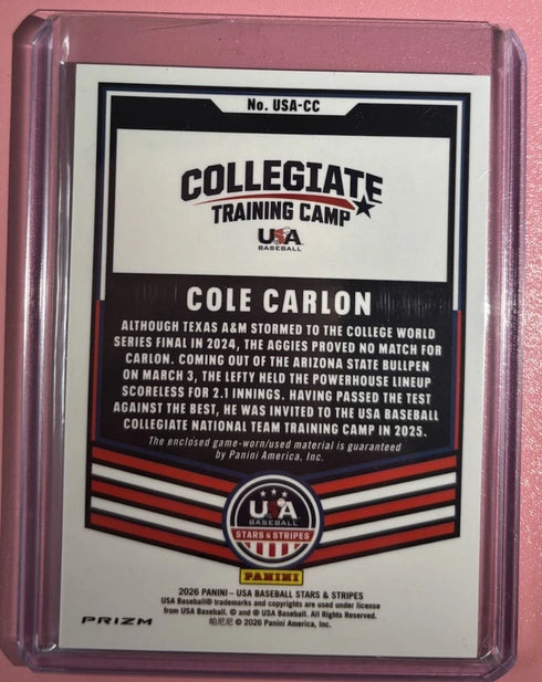 2026 Panini USA Baseball Stars & Stripes - Cole Carlon Patch Silver Prizm
