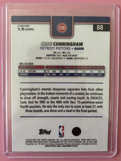 Topps Chrome 2025-26 Cade Cunningham Wave Refractor #88 Pistons NBA Card