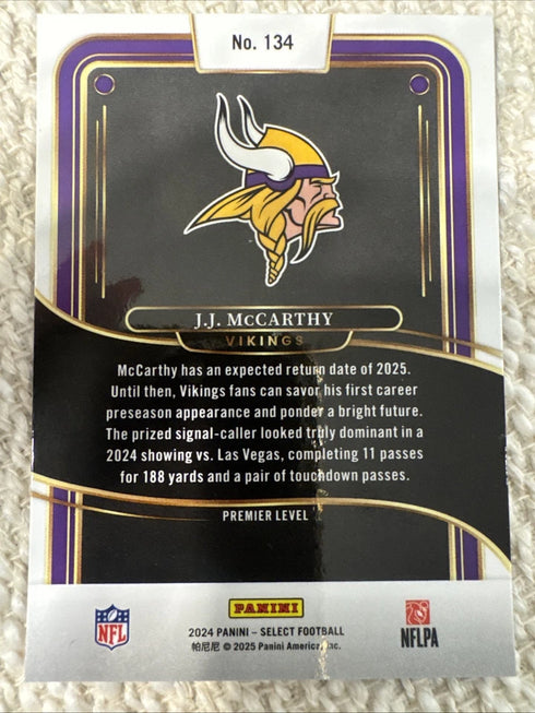 2024 Panini Select Premier Level J.J. McCarthy RC #134 Base Minnesota Vikings QB