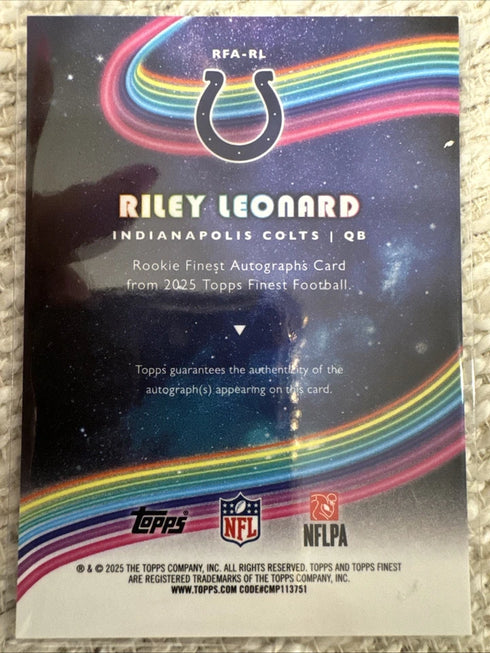 Topps Finest Rookie Finest Autographs Riley Leonard Colts Rookie Auto RFA-RL