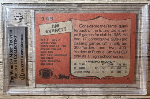 JIM EVERETT SIGNED 1987 TOPPS #145 ROOKIE AUTO RAMS BECKETT 10