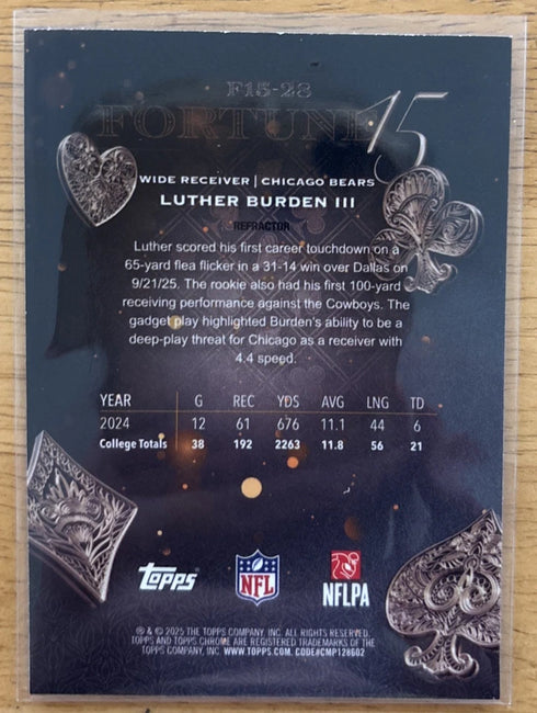 2025 Topps Chrome Football #F15-28 Luther Burden III RC Fortune 15 Chicago Bears