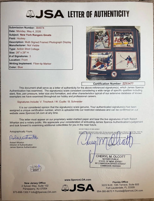 NY Ranger Greats Signed Photo Collage 26x28 JSA Cert