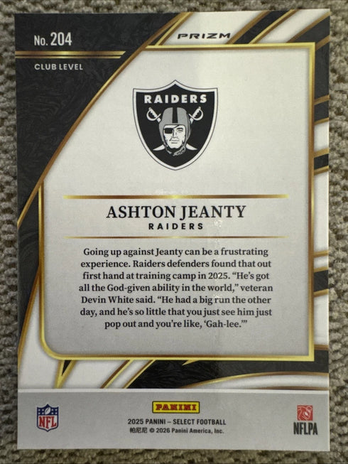2025 Panini Football Select Ashton Jeanty Club Level #204 RC Las Vegas Raiders