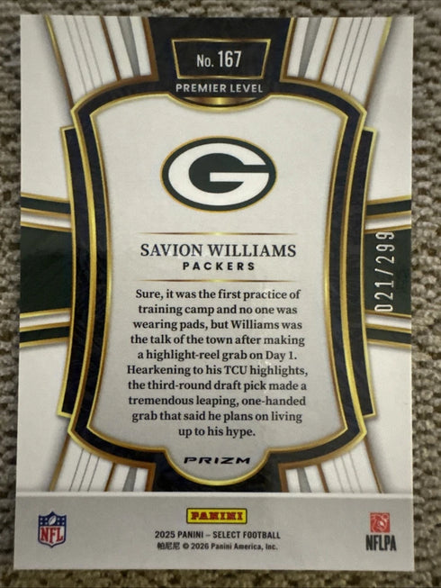 2025 Panini Select Savion Williams RC #167 Premier Level Tri-Color /299 Packers