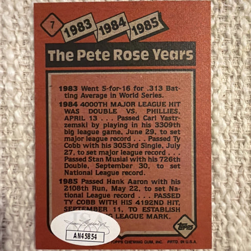 Autographed The Pete Rose Years: 1983-1985 1986 Topps #7 Baseball Card w/ JSA