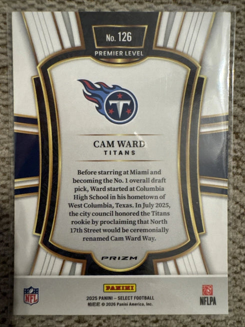 2025 Panini Select Cam Ward RC Premier Level Silver Prizm Tennessee Titans Rook