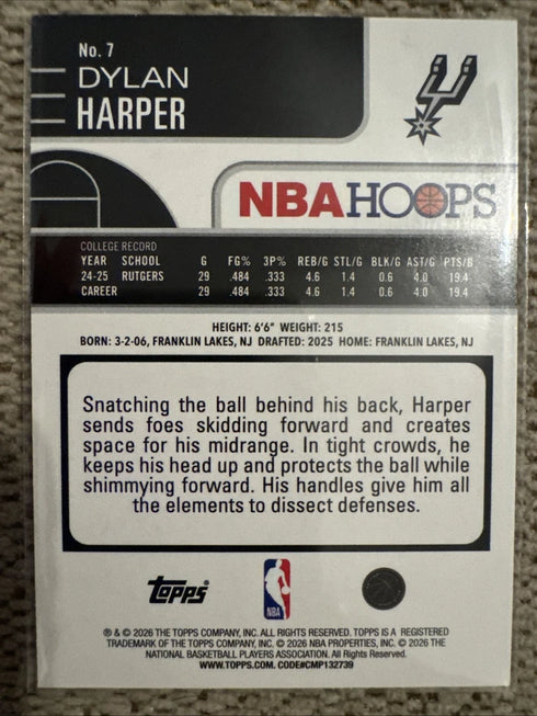 2025-26 Topps NBA HOOPS- Dylan Harper #1 (RC) San Antonio Spurs