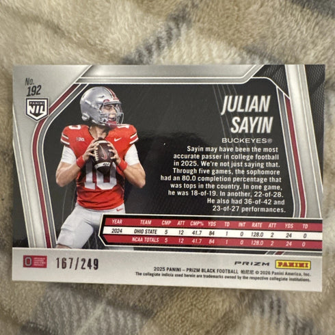 2025 Panini Prizm Julian Sayin Black Silver Shimmer NIL Rookie /249. #192 OSU