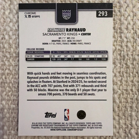 2025-26 Topps Chrome Basketball Rookie Card Maxime Raynaud Kings #293