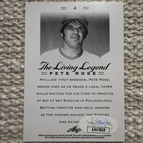 AUTOGRAPHED PETE ROSE 2012 LEAF THE LIVING LEGEND #4 TRADING CARD w/ JSA COA