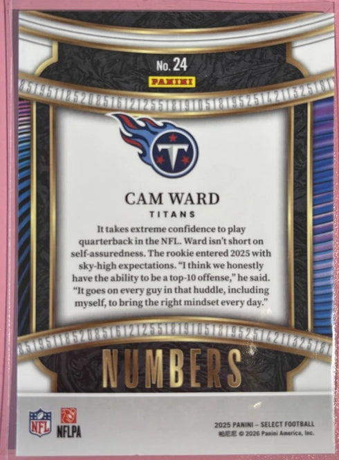 Panini 2025 Select Football Cam Ward Tennessee Titans Numbers Rookie Insert #24