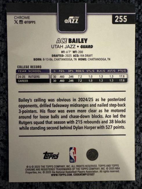 Topps 2025-26 Chrome Ace Bailey Rookie X-Fractor Card #255 Utah Jazz