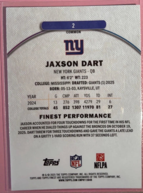 Jaxson Dart Rookie Refractor π₯ 2025 Topps Finest #2 NFL Giants QB