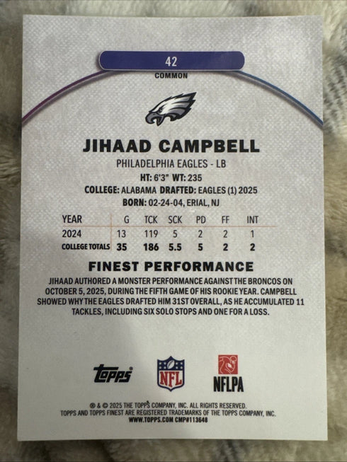 Topps Finest 2025 Finest Performance Jihaad Campbell #42 Eagles Rookie /75