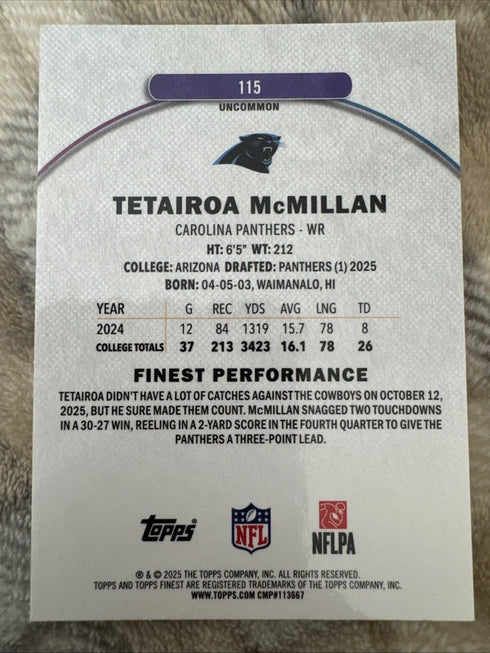 Topps Finest Tetairoa McMillan Carolina Panthers #115 Finest Performance RC /250
