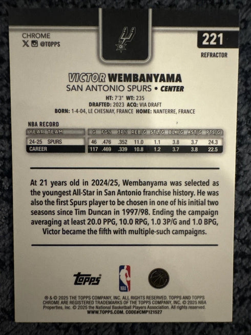 Topps 2025-26 Chrome Refractor #221 Victor Wembanyama Spurs NBA Basketball