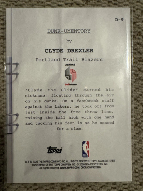 Topps 2026 NBA Hoops Clyde Drexler Portland Trail Blazers Dunk-umentory #D-9