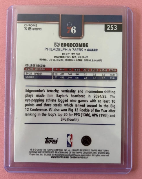 Topps 2025-26 Chrome VJ Edgecombe Rookie #253 Philadelphia 76ers NBA Card