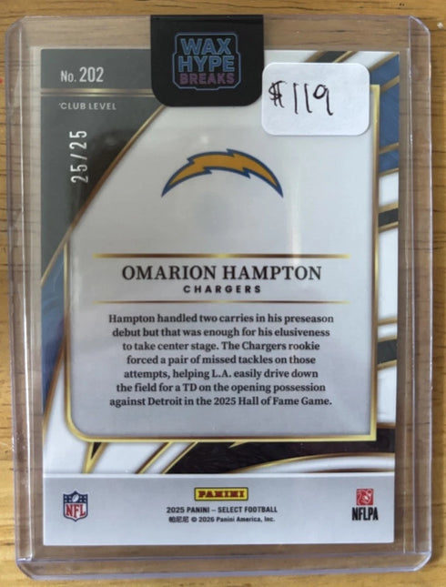 2025 Panini Select Prizm Rookie Serial #202 /25 Omarion Hampton Chargers