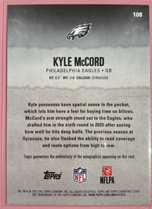 Topps 2025 Round Pick 6 Kyle McCord Eagles Rookie Autographed Card #108
