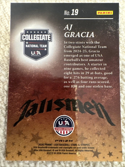 2026 Panini Stars & Stripes Prizm - Talisman AJ Gracia #19 Green Prizm (RC)