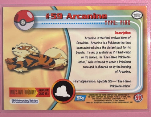 Arcanine #59 Topps Pokémon Vintage Trading Card 1999 TV Animation Series Rare