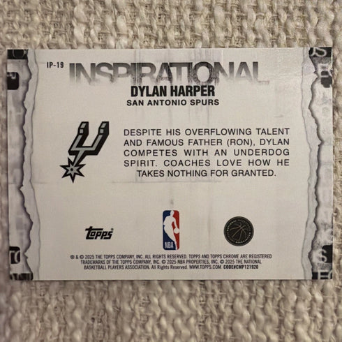 Topps Chrome 2025-26 Dylan Harper Spurs Inspirational Rookie Insert Card #IP-19