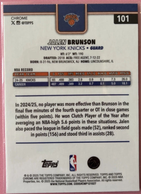 Topps 2025-26 Chrome Jalen Brunson Knicks #101 Red White & Blue Refractor