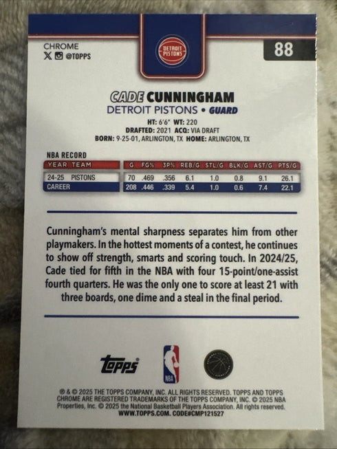 2025-26 Topps Chrome Cade Cunningham #88 Pistons Basketball Border! Misprint!