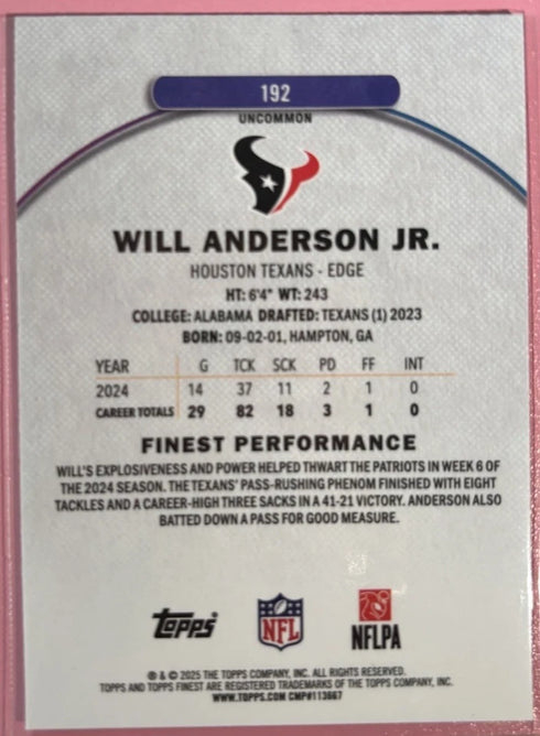 2025 Topps Finest #192 Will Anderson JR Uncommon Purple X-Fractor /99 Texans