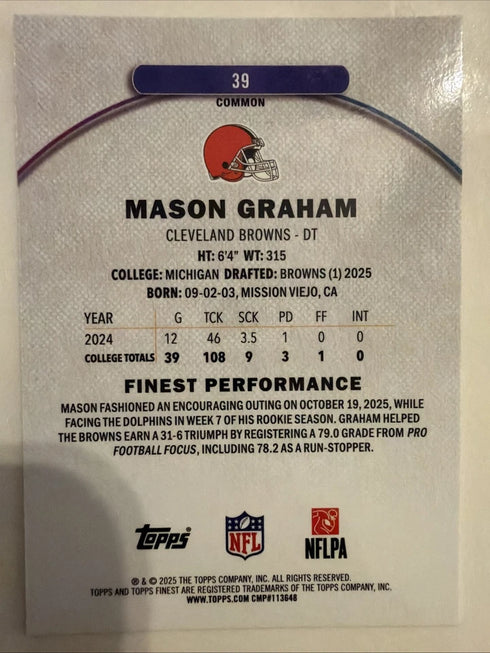 2025 Topps Finest Mason Graham Rookie #39 Cleveland Browns Football Card