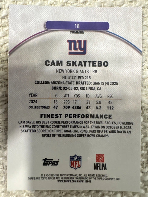 2025 Topps Finest Cam Skattebo #18 New York Giants