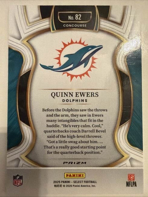 2025 Panini Select Football SILVER Quinn Ewers Rookie Prizm #82 Miami Dolphins