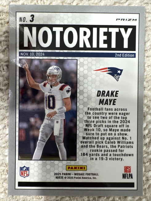 2025 Panini Mosaic - Notoriety Drake Maye #3 Orange Fluorescent Mosaic Prizm