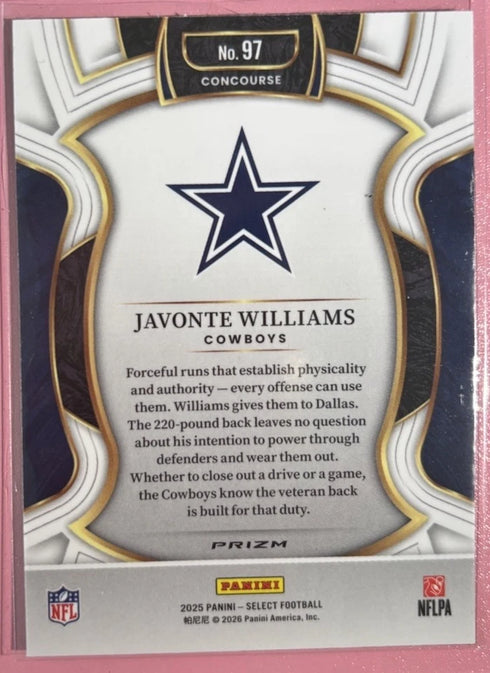 2025 Panini Select Javonte Williams #97 Blue And Red Prizm Shock