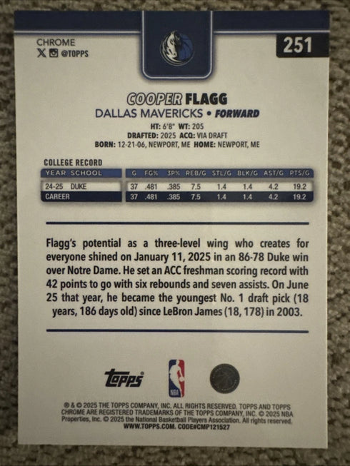 2025-26 NBA Topps Chrome Cooper Flagg RC #251 Base First Dallas Mavericks Rookie