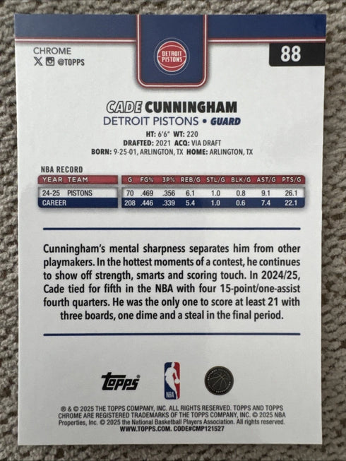 2025-26 Topps Chrome - Cade Cunningham Basketball Border Refractor #88 SP