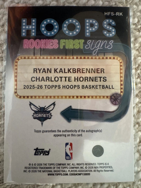 Topps 2025-26 Ryan Kalkbrenner Rookie Autograph HFS-RK Hornets NBA