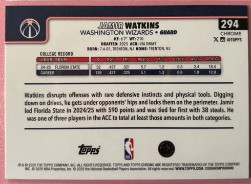 Jamir Watkins 2025-26 Topps Chrome #294 X-Fractor (RC) Rookie Wizards