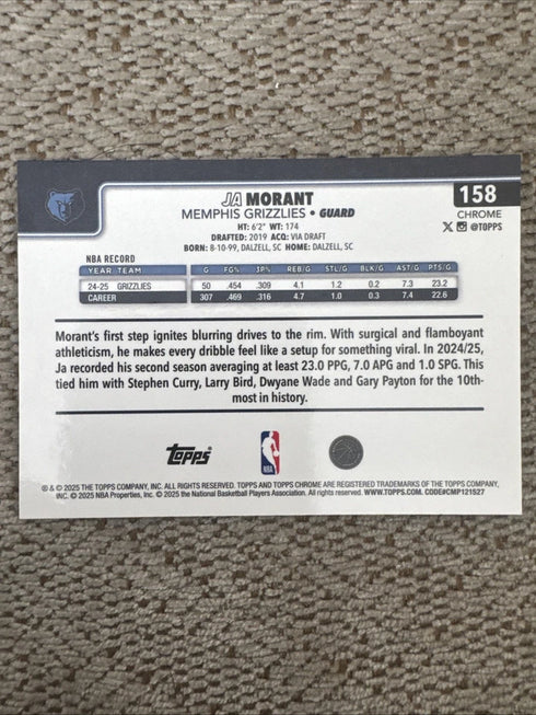 2025-26 Topps Chrome Ja Morant Xfractor #158 Grizzlies