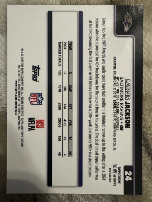 2025 Topps Chrome Refractor Lamar Jackson #24 Baltimore Ravens NFL Football Card