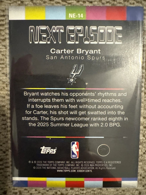 Carter Bryant 2025-26 Topps NBA Hoops RC Next Episode Rainbow #NE-14 Spurs