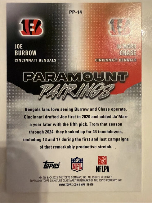 Topps Composite Paramount Pairings PP-1 Joe Burrow Ja'Marr Chase Bengals NFL